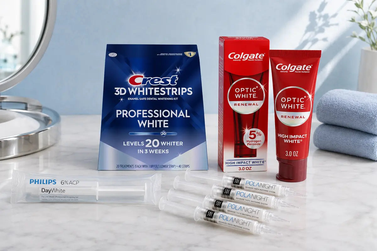 Pola, Philips Zoom, Crest and Colgate teeth whitening products arranged on a pale blue bathroom vanity